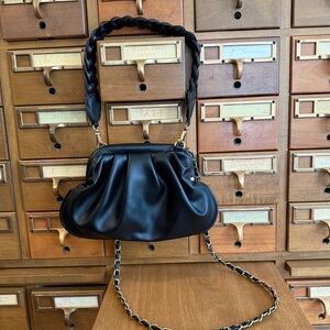 Anthropologie Oona Black Vegan-Leather Clutch with Braided Handle and Gold Chain